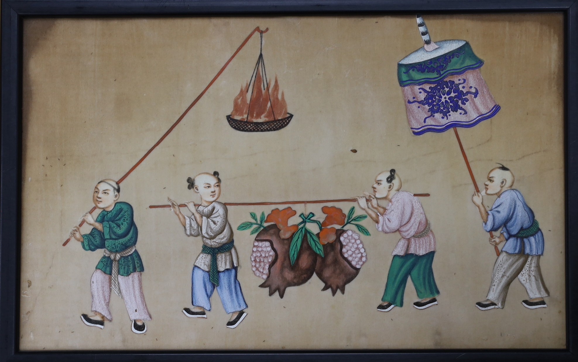 19th century Chinese School, six gouache on pith paper, Figures in a procession, 19.5 x 31cm